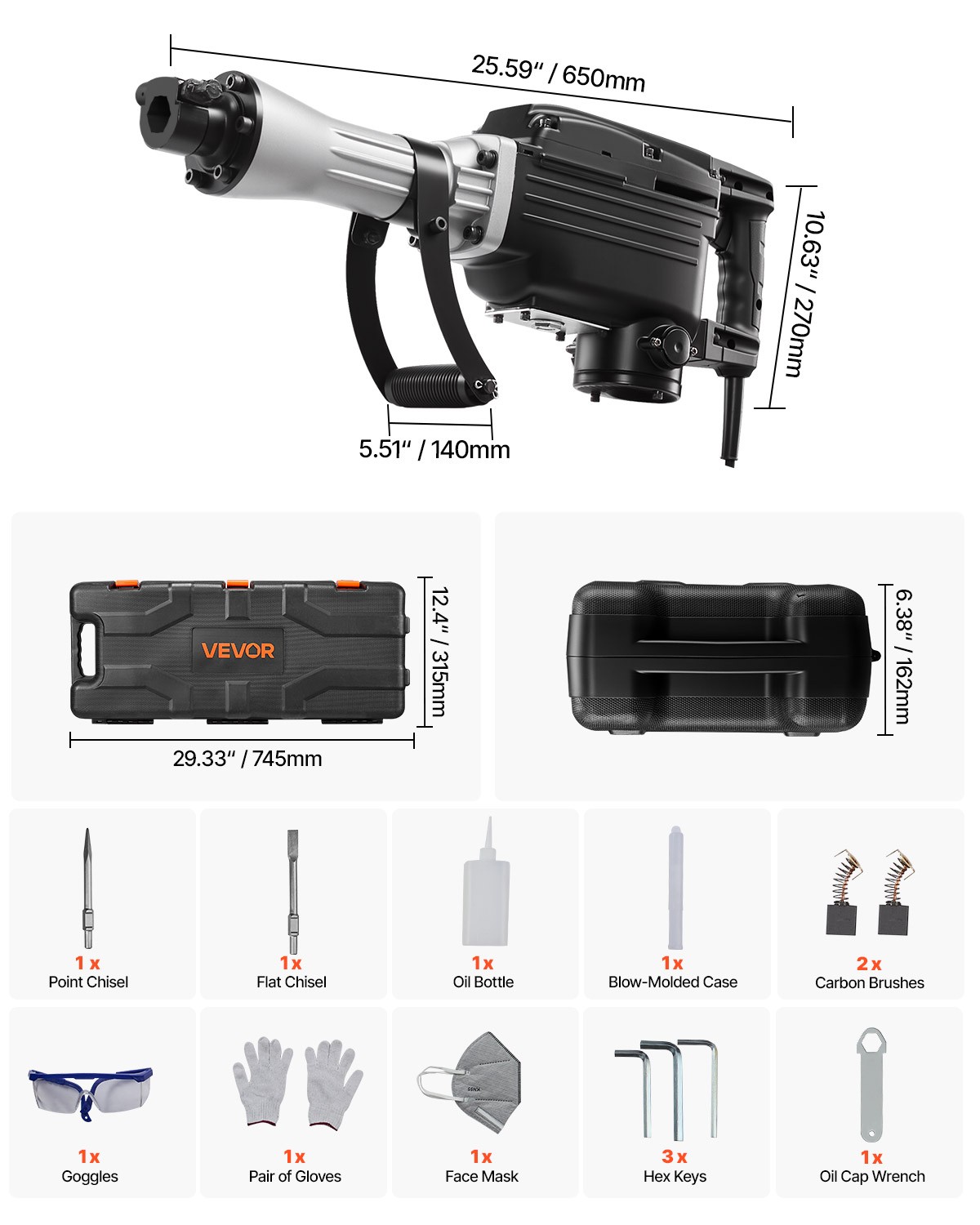 VEVOR Demolition Jack Hammer Concrete Breaker 2200W Electric Hammer 2Chisel Bits