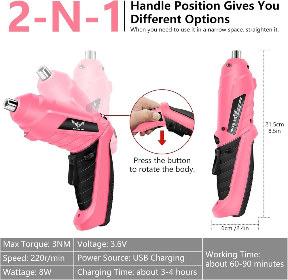 Stylish 3.6V Pink Cordless Screwdriver with 14 Bits & LED Light - Efficient Tool