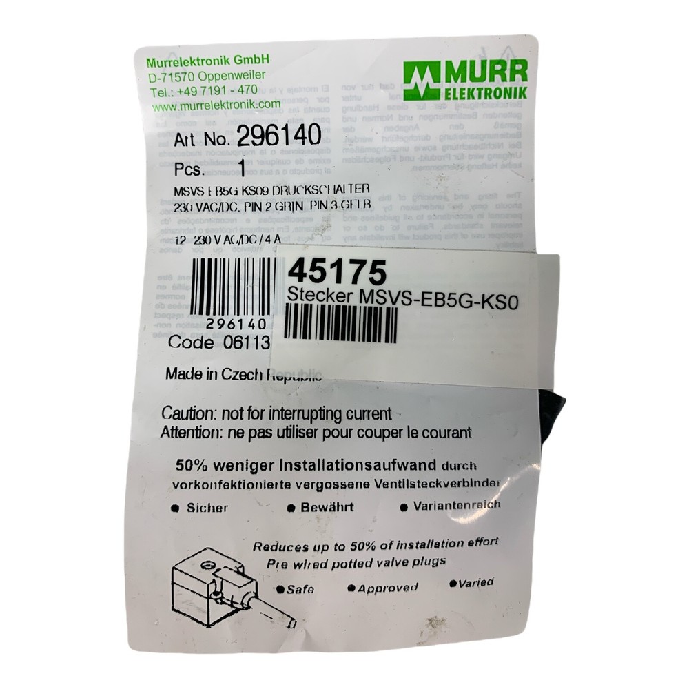 MURR ELECTRONICS 296140 MSVS-EB5G-KS0 CONNECTOR