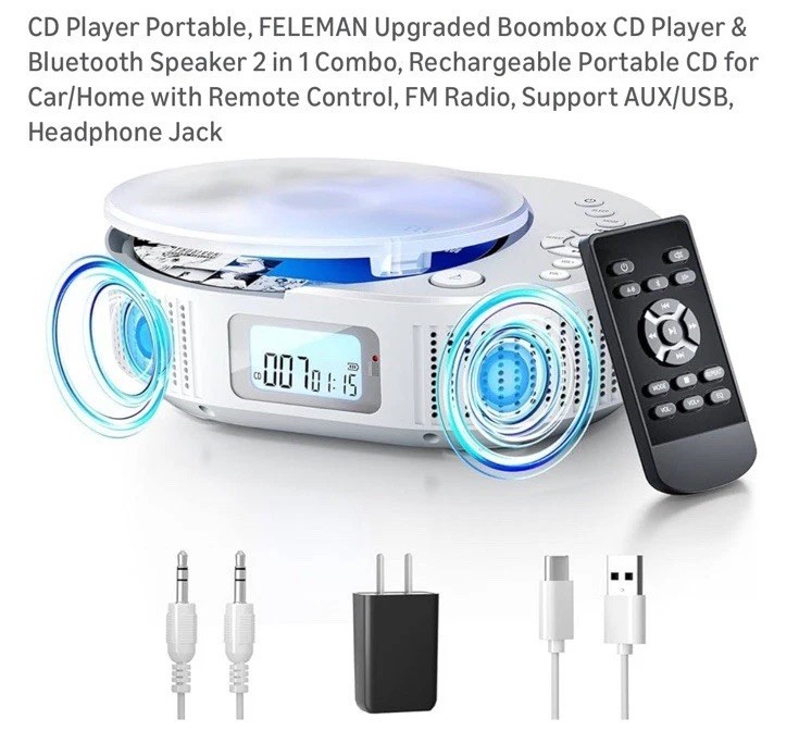 CD Player Portable, FELEMAN Upgraded Boombox CD Player & Bluetooth Speaker 2 ...