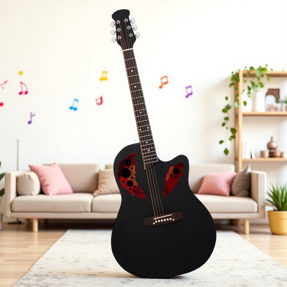41" Solid Spruce Top Beginner Acoustic Guitar Set - Roundback Black Cutaway