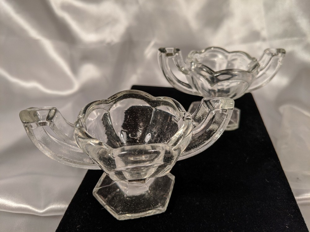 Pair 2 Central Glass Krystol Chippendale Footed Handled Open Salt Cellars EAPG