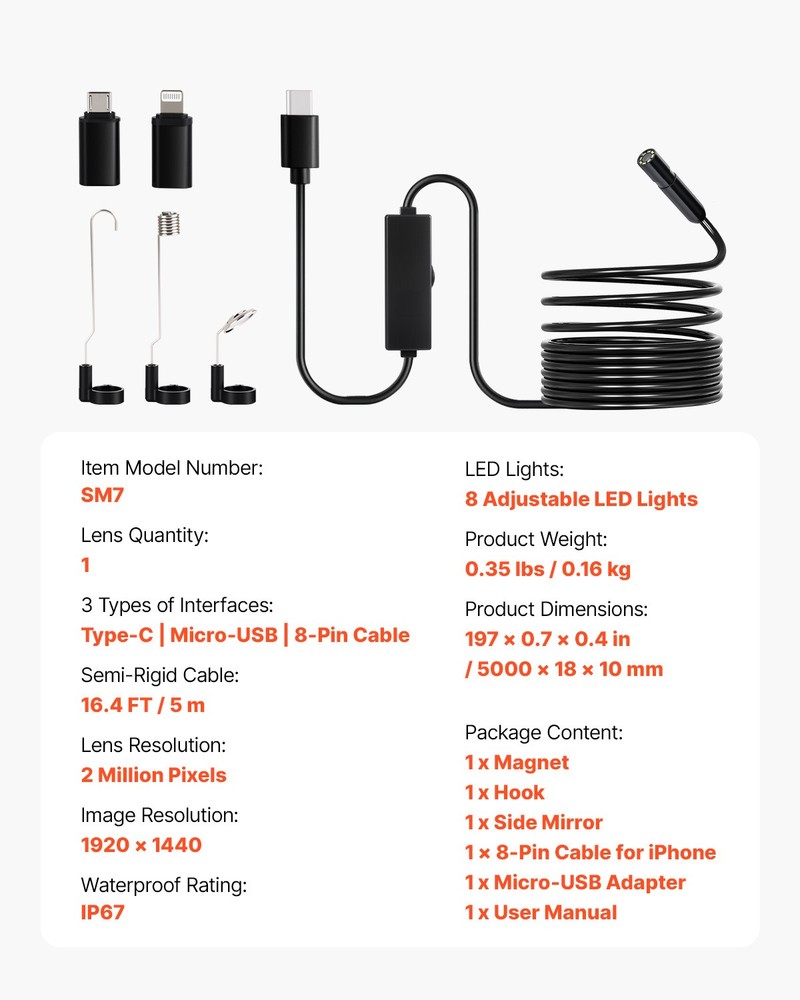 VEVOR Endoscope Camera 1920P HD Borescope for Android & IOS with 16.4FT Cable