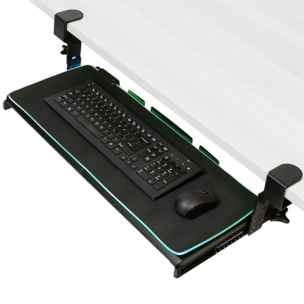 Large Height Adjustable Under Desk Keyboard Tray with RGB LED Light Mouse Pad...