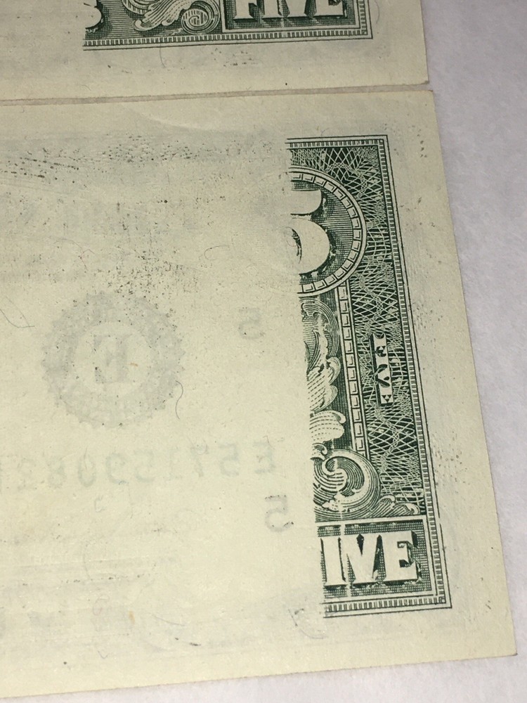 2 Consecutive 1988A $5 FRN's - Both w/ Major Obstructed Printing Error Reverse
