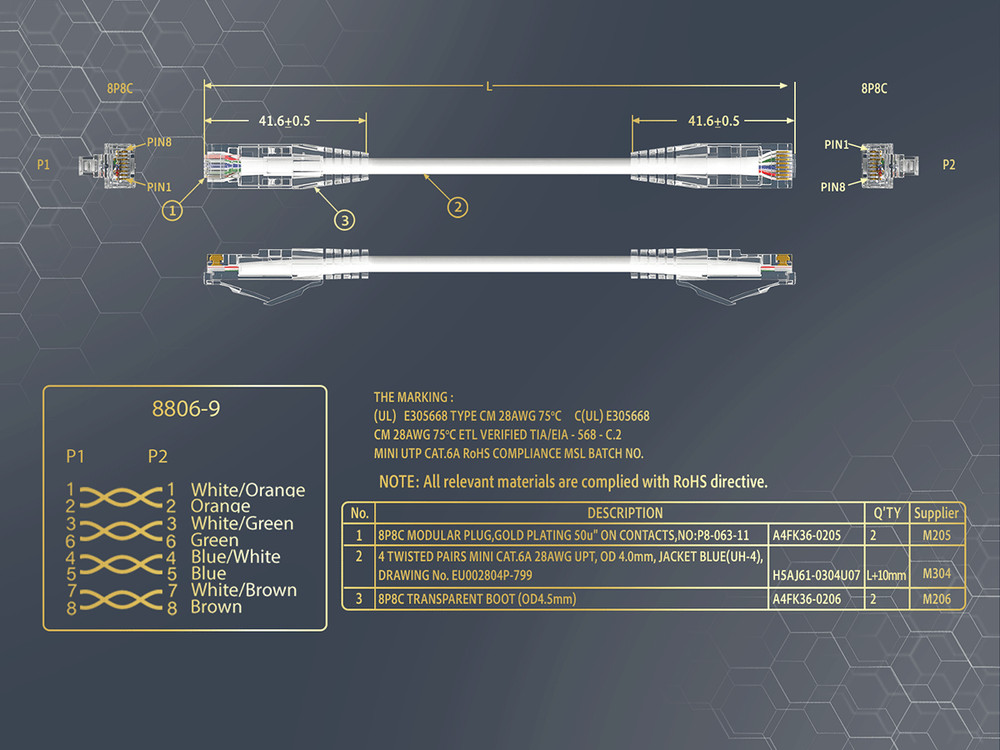 14ft Slim Cat6a 28AWG UTP Ethernet Network Patch Cable, White