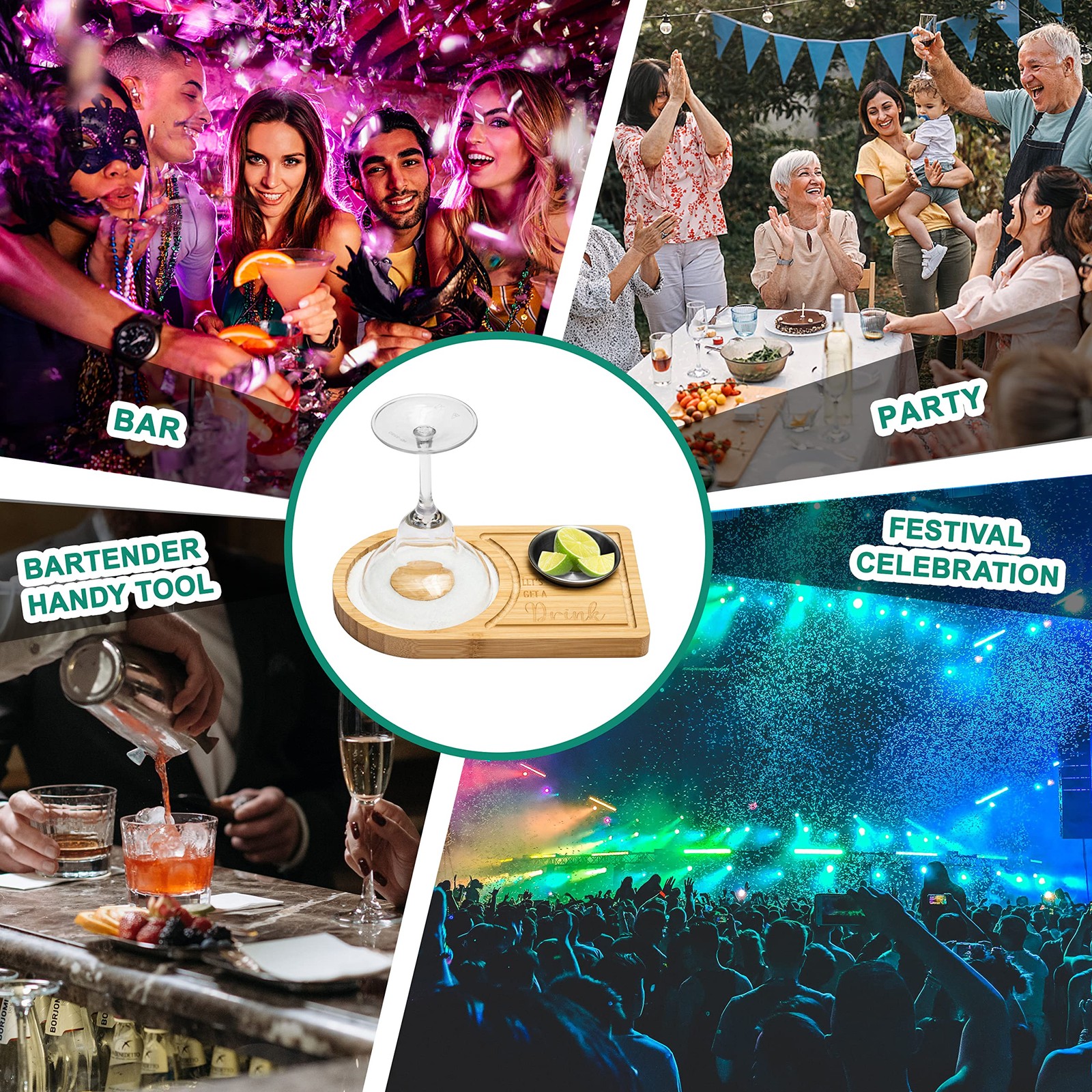 Bamboo Wood Cocktail Rimmer Tray, Glass Salt Sugar Rimmer for Margarita