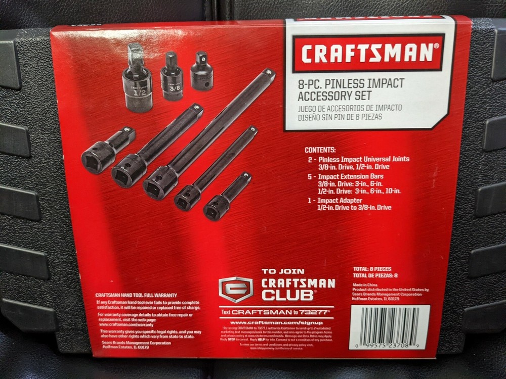 Craftsman Hand Tools 8 pc Impact Accessory Set w Case Pinless Universals U-Joint