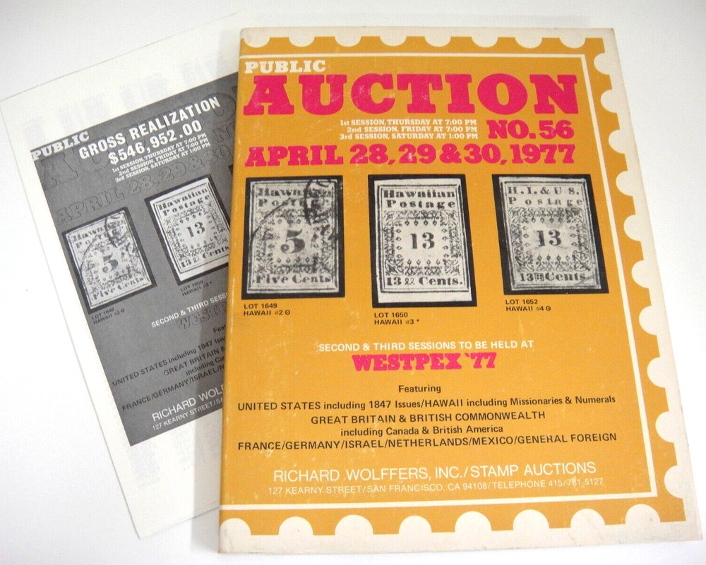 Wolffers Stamp Auction Catalog 1977 w Prices Realized Hawaii Missionaries Israel