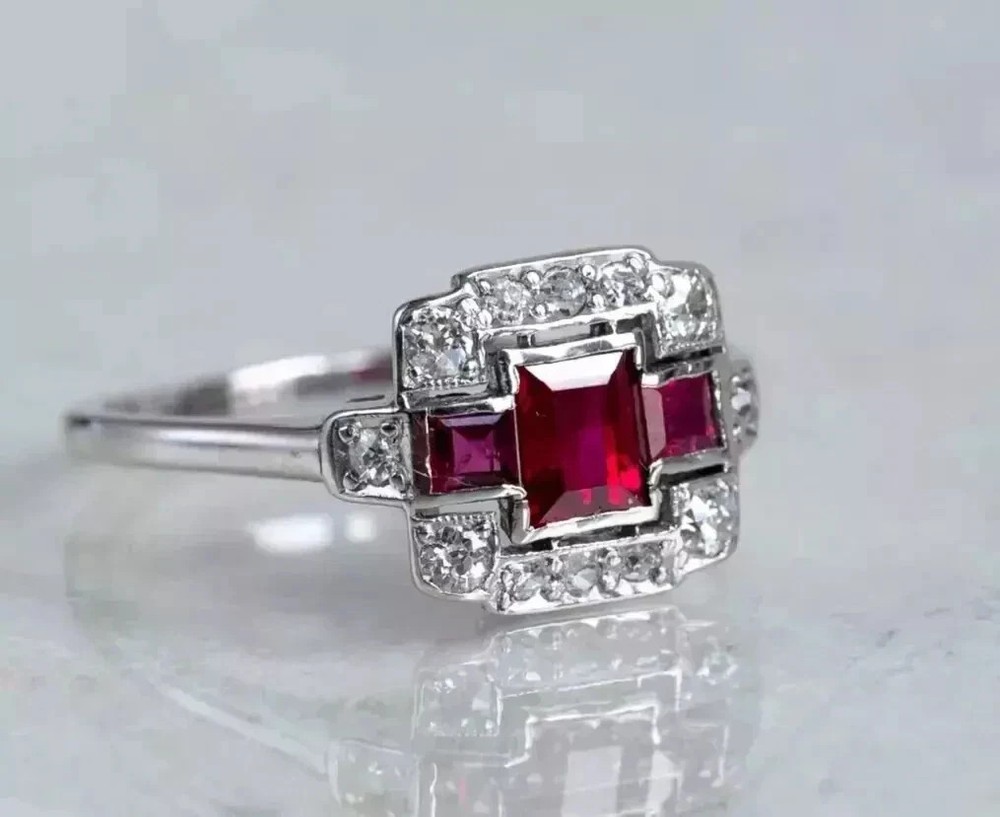 Art Deco Style Ruby & Lab Created Diamond 14k White Gold FN Wedding Gift Ring