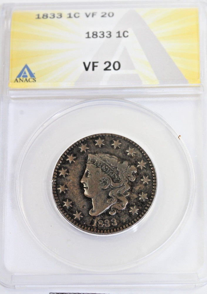 1833 Coronet Head Large Cent : ANACS VF20