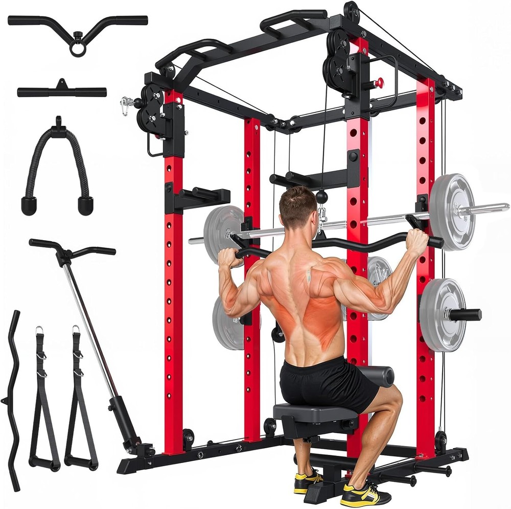 Power Squat Rack Cage,2000lb Weight Cable Machine with LAT Pulldown for Home Gym