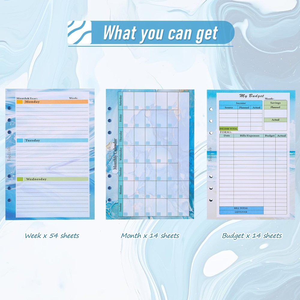 Toplive 3 Pack A5 Planner Refill 82 Sheet Colored Monthly Weekly 3 Pack, Blue