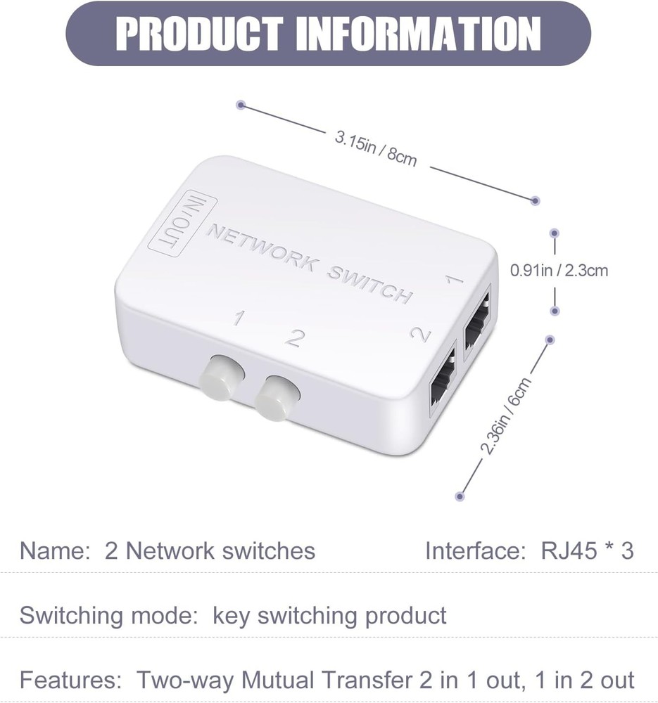 2 Ports Network Switch Splitter Selector RJ45 2x1 White