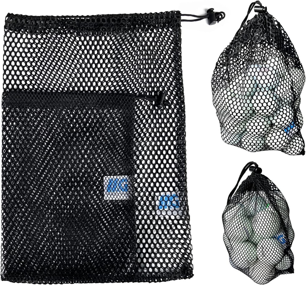 Mesh Bags with Drawstring - 2 Pack Nylon Golf Ball Storage S,L, Black