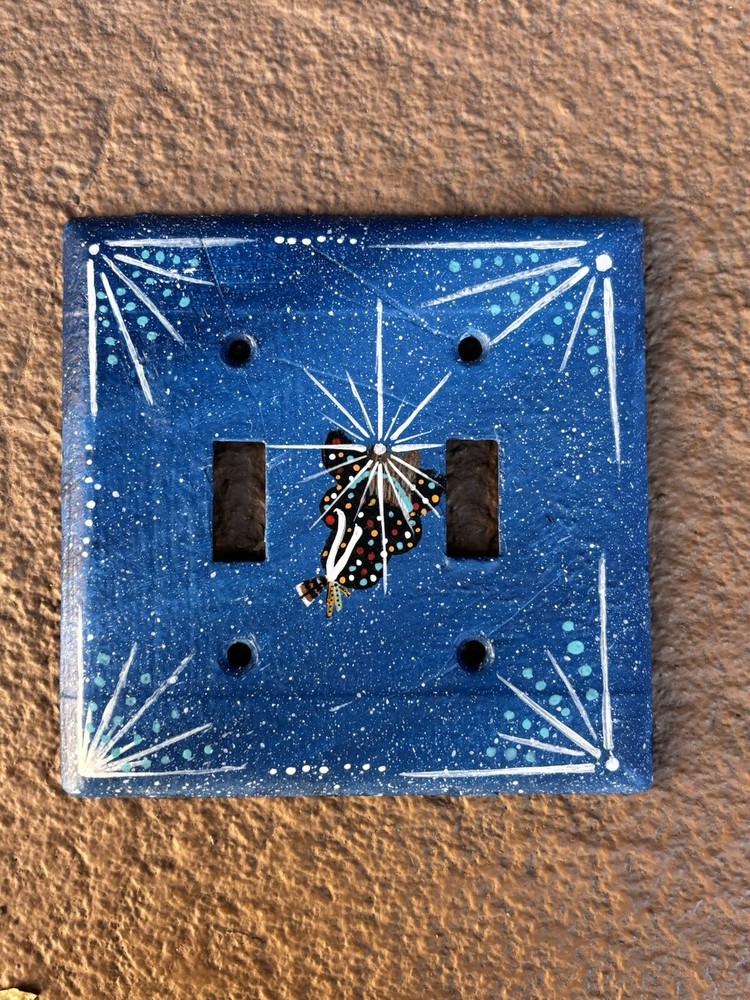 Handpainted Light Switch Cover Fan Native Design Handmade Blue Double e25