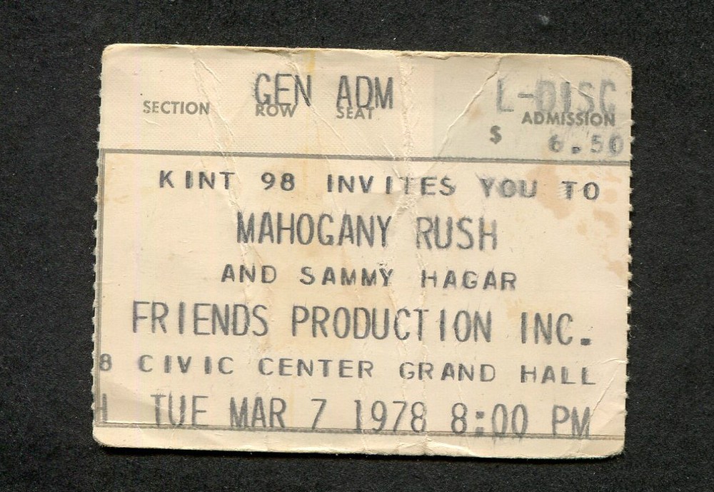 1978 Mahogany Rush Sammy Hagar concert ticket stub Civic Center El Paso Texas