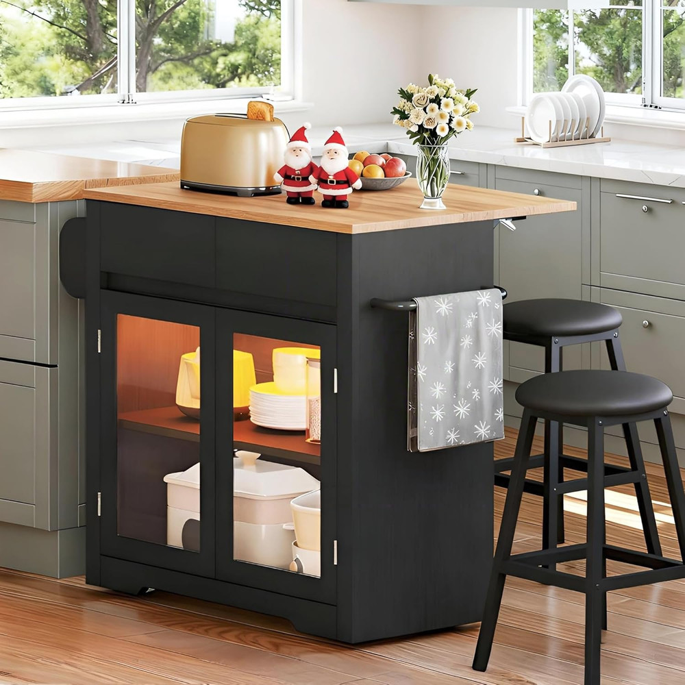 Mobile Kitchen Island with Drop Leaf, Power Outlet & 2 Bar Stools, Black
