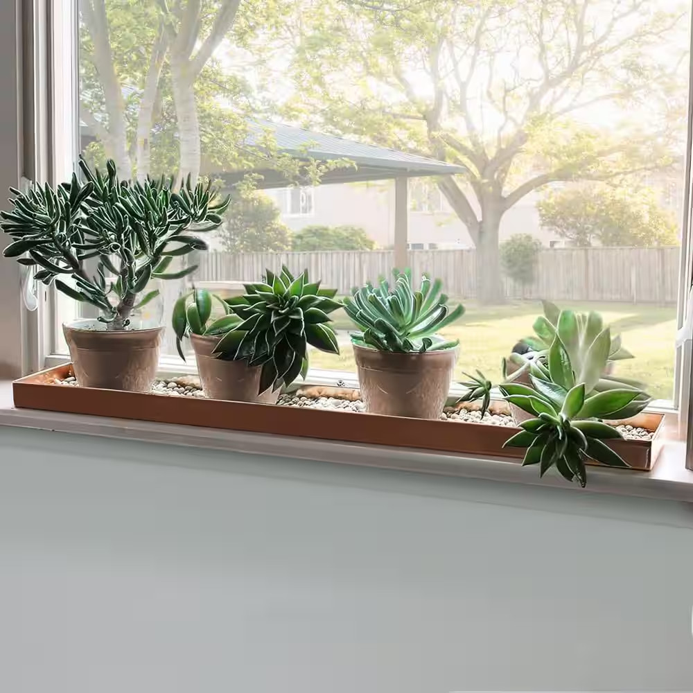 29 In. Copper Large Rectangular Metal Window Decorative Plant Tray with Trim Edg