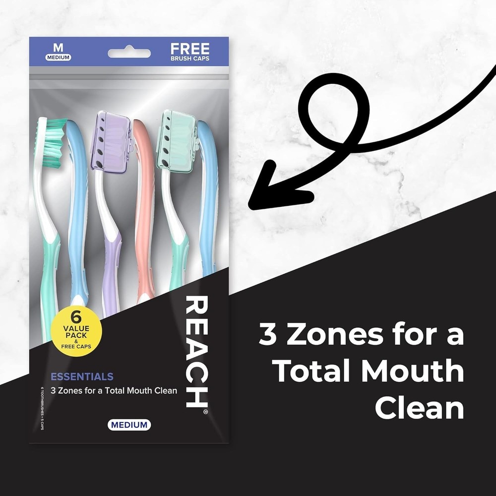 Reach Essentials Medium Toothbrush with Covers & Tongue Scraper 6 Pack