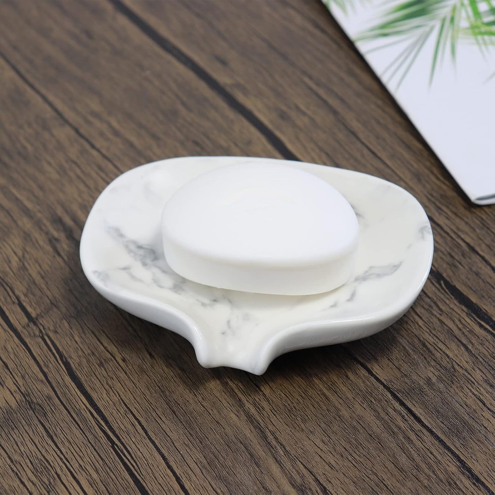 White Marble Texture Soap Dish Ceramic Holder Self Draining