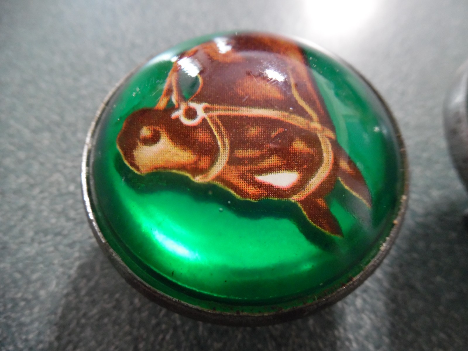 Vintage Pair Bridle Rosettes H.A. Chapman Horse Head Domed Green Glass 1960s