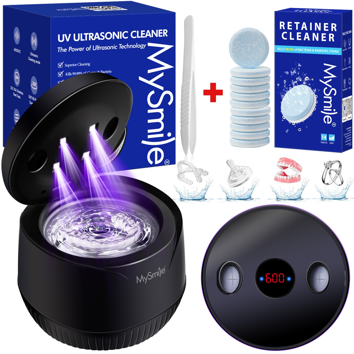 MySmile 45kHz UV Ultrasonic Cleaner with Timer for Dentures, Retainer, Jewelry