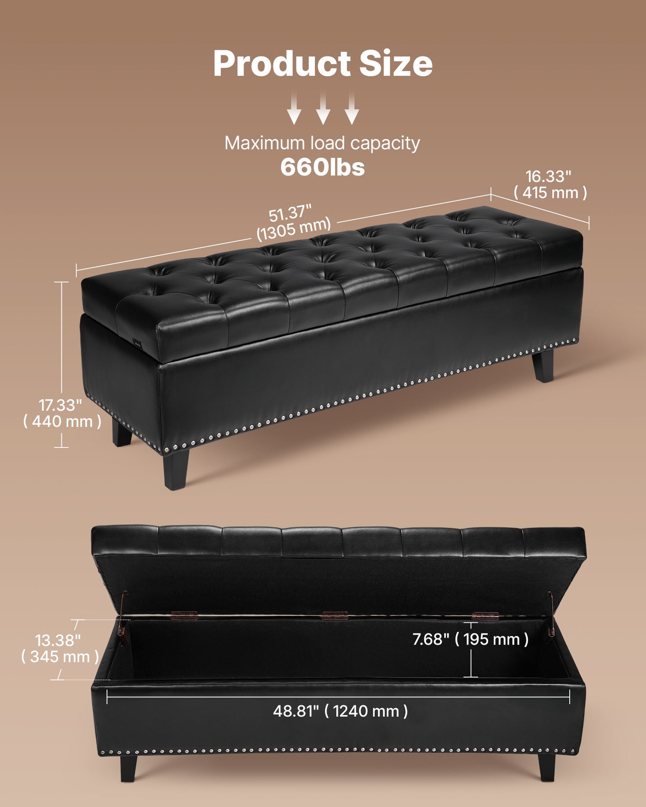 Button-Tufted Storage Ottoman Bench PU Leather Bench with Wood Legs Black