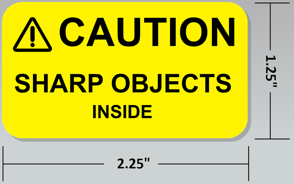 ⚠CAUTION SHARP OBJECTS INSIDE Warning Sticker Label Yellow 2.25" L x 1.25" H