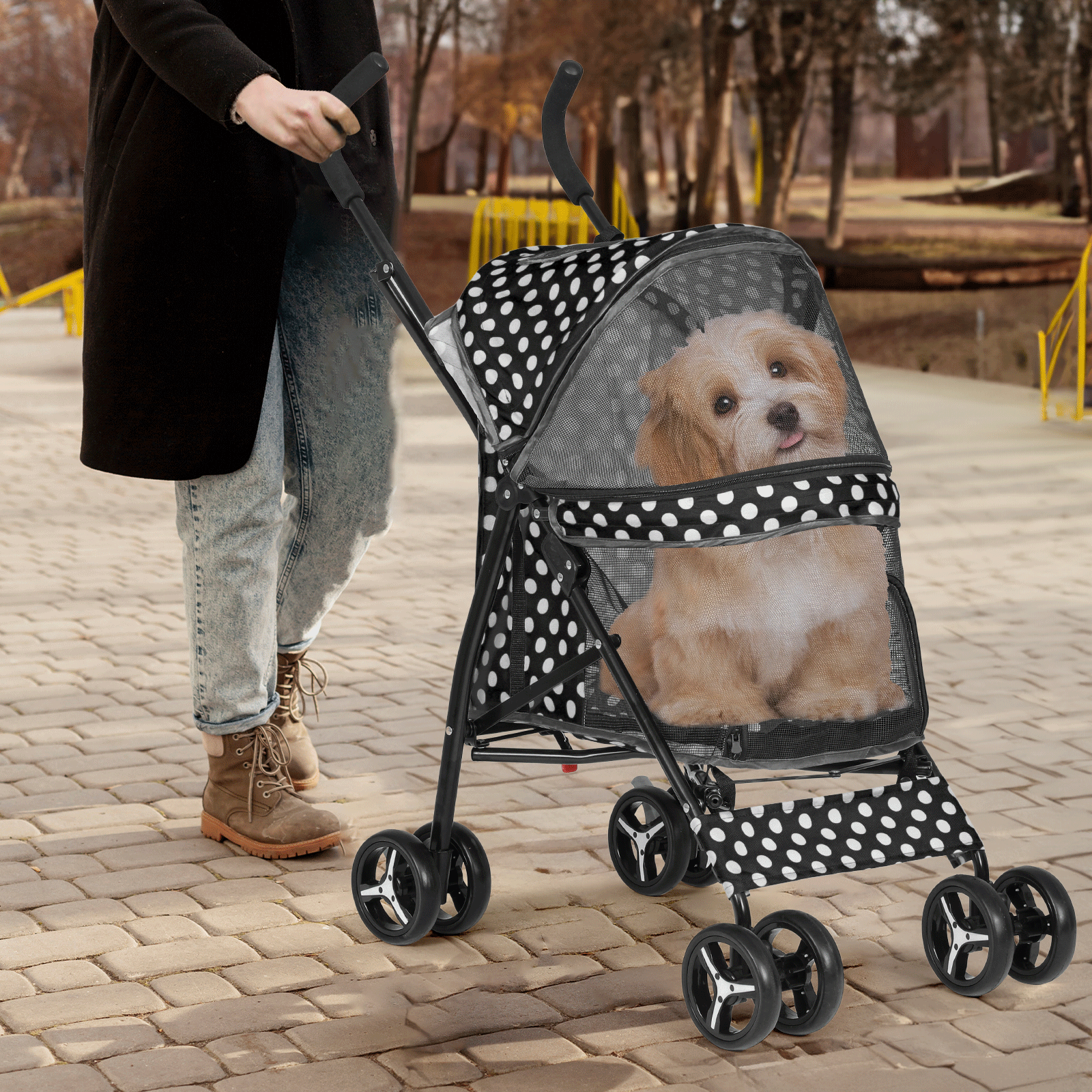 Pet Stroller Foldable 4 Wheels Cat Dog Travel Carrier Storage Basket w/Skylight