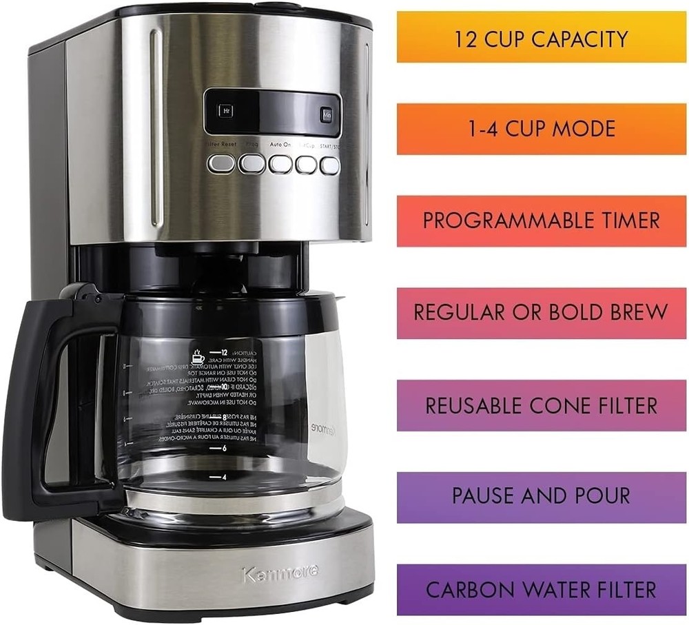 Drip Coffee Maker - 12 Cup Programmable Cafe Machine With Glass Pot