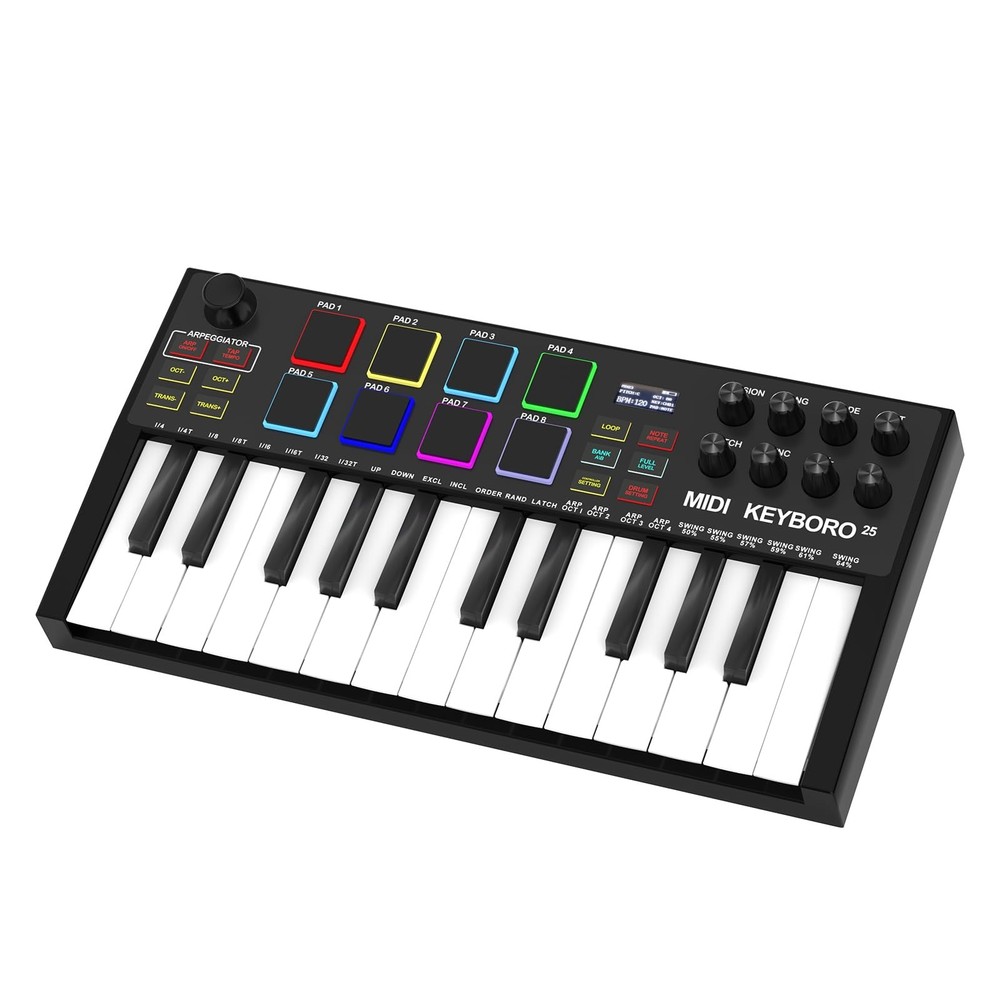 MIDI Keyboard Controllers，25-Key USB MIDI Keyboard with Backlit Drum Pads, Kn...