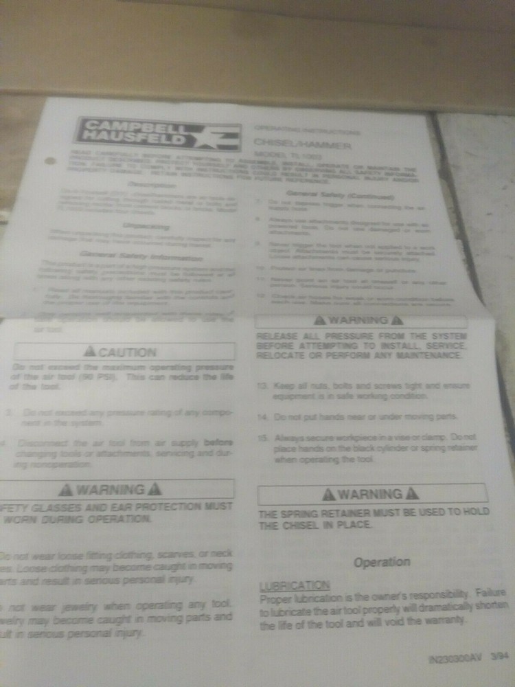 CAMPBELL HAUSFELD OPERATING INSTRUCTIONS CHISEL/HAMMER MODEL TL1003