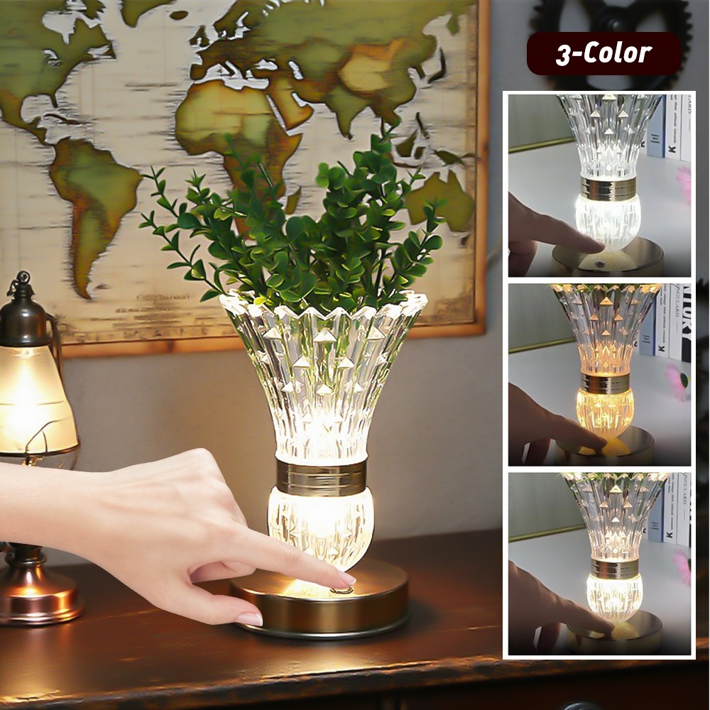 LED Crystal Table Lamp Vase Night Light Touch Dimmable Atmosphere Bedside Gift