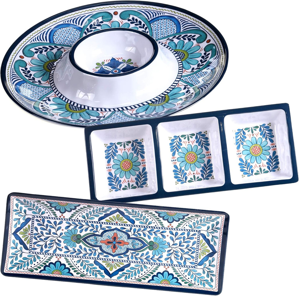 Talavera 3-Piece Melamine Hostess Serveware Set – Chip & Dip Server, 3-Section R