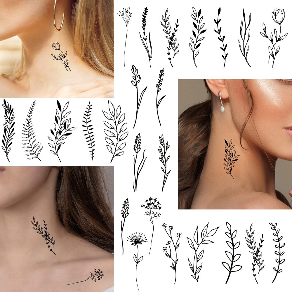 Cerlaza 75 Styles Tiny Black Flower Branch Temporary Tattoos For Tiny,