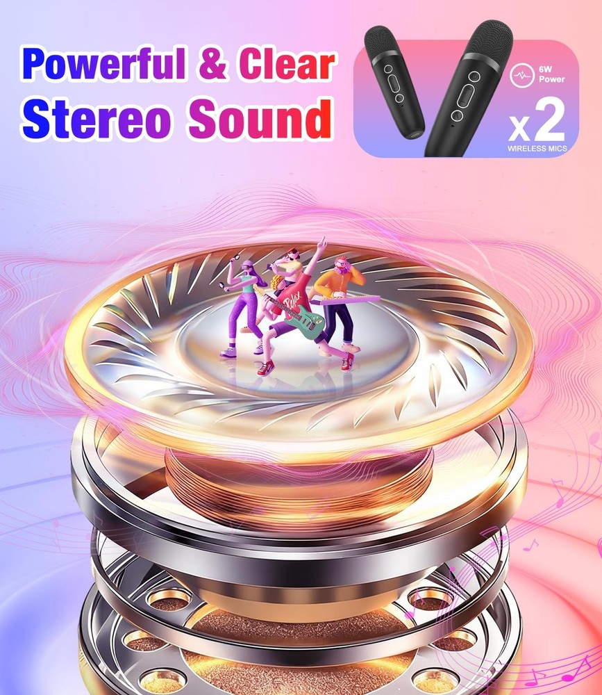 Mini Karaoke Machine, Portable Bluetooth Speaker with 2 Wireless Microphones ...