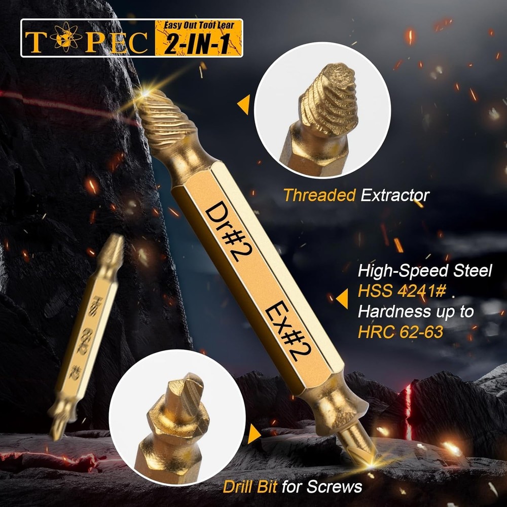 Screw Extractor Set 8Pcs - Gold HSS 4341 for Stripped, Rusty, Broken Screws