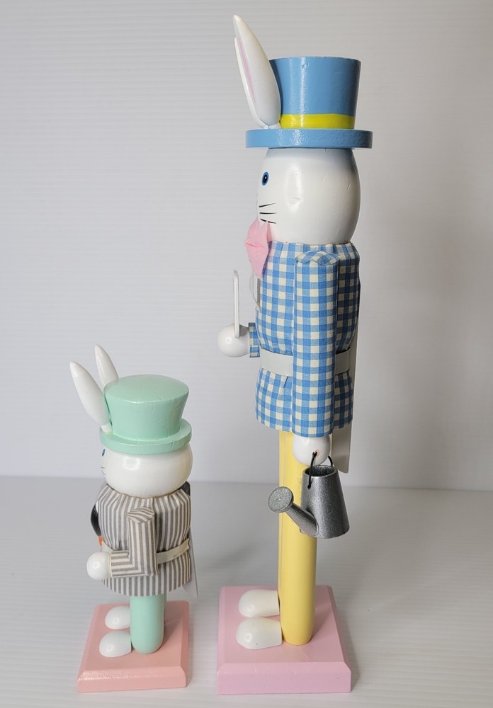 2 Easter Bunny Nutcrackers 8" & 14" Happy Easter Watering Can Carrot Decor