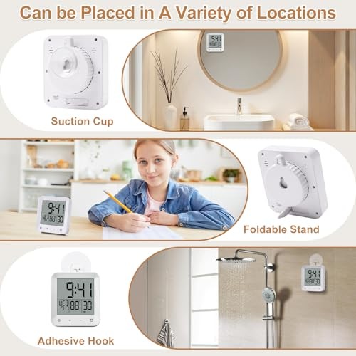 Waterproof Shower Clock with Timer, Bathroom Wall Clock Displaying White