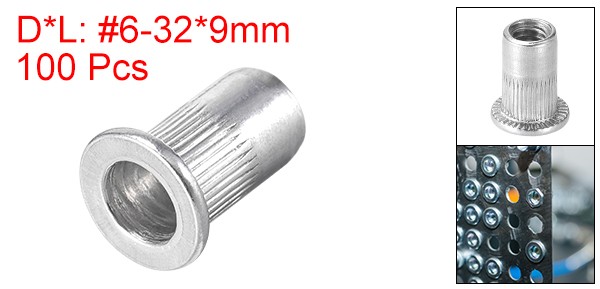 100Pcs Rivet Nuts #6-32 Aluminum Alloy Knurled Threaded Insert Nuts Silver
