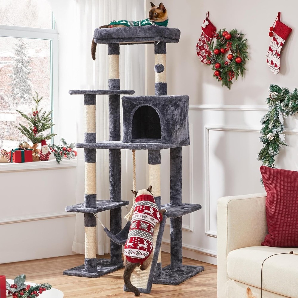 Stylish Cat Tree for All Breeds - Multi-Level 63'' Hammock & Scratching Posts