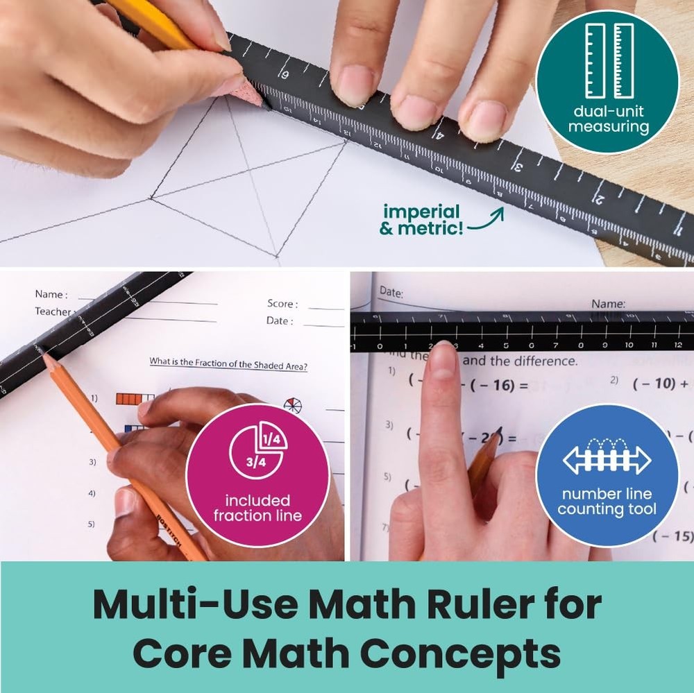 2-Pack MeasureMate Learning Ruler, 4-Sided Math Tool, Metric, Imperial, Black