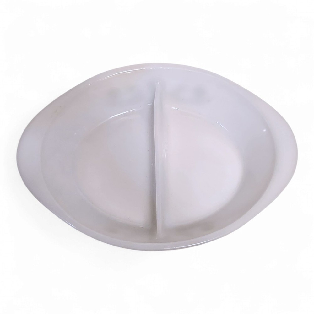 Vintage Glasbake Divided Casserole Serving Dish – White with Green Daisy Pattern