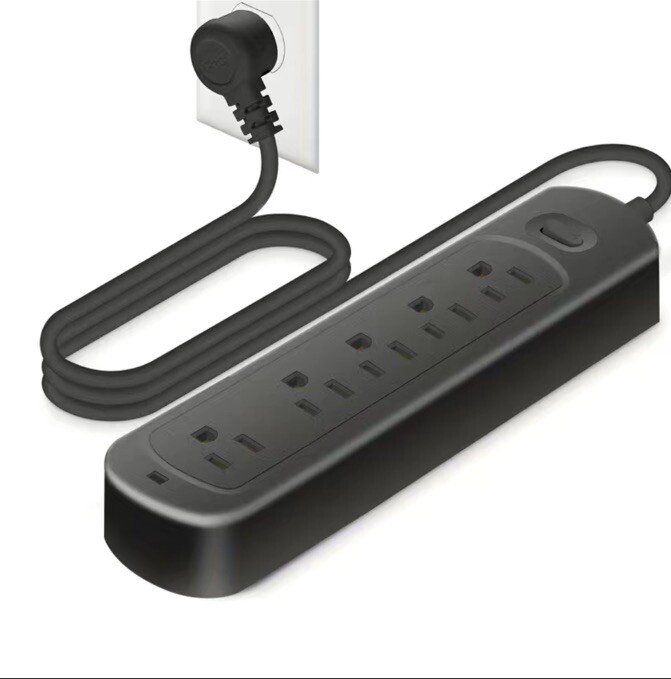 5 AC POWER OUTLET EXTENDER SURGE OVERLOAD PROTECTOR BLACK FLAT PLUG WITH SWITCH