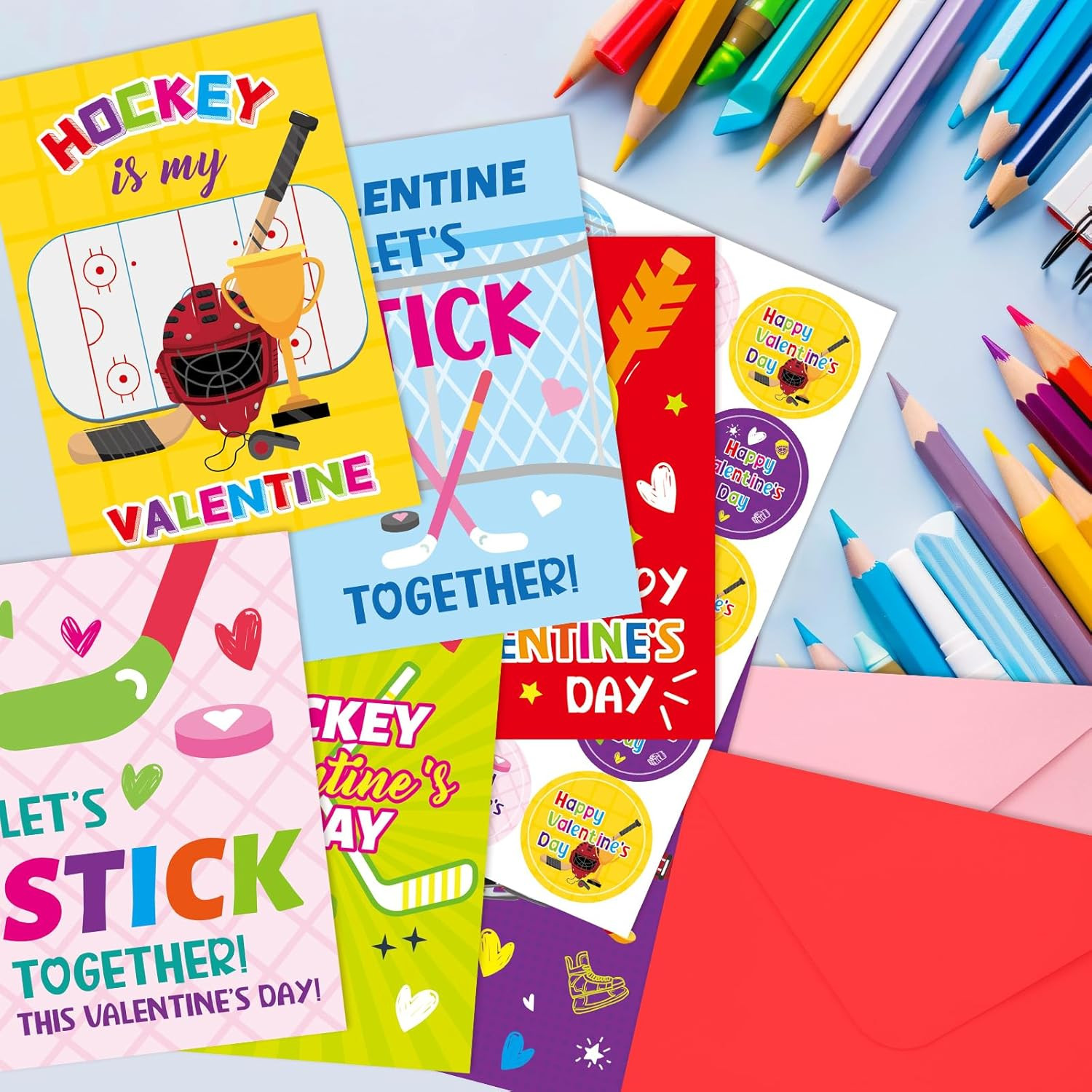 Hockey Valentine's Day Cards with Envelopes, 12-Pack for Kids