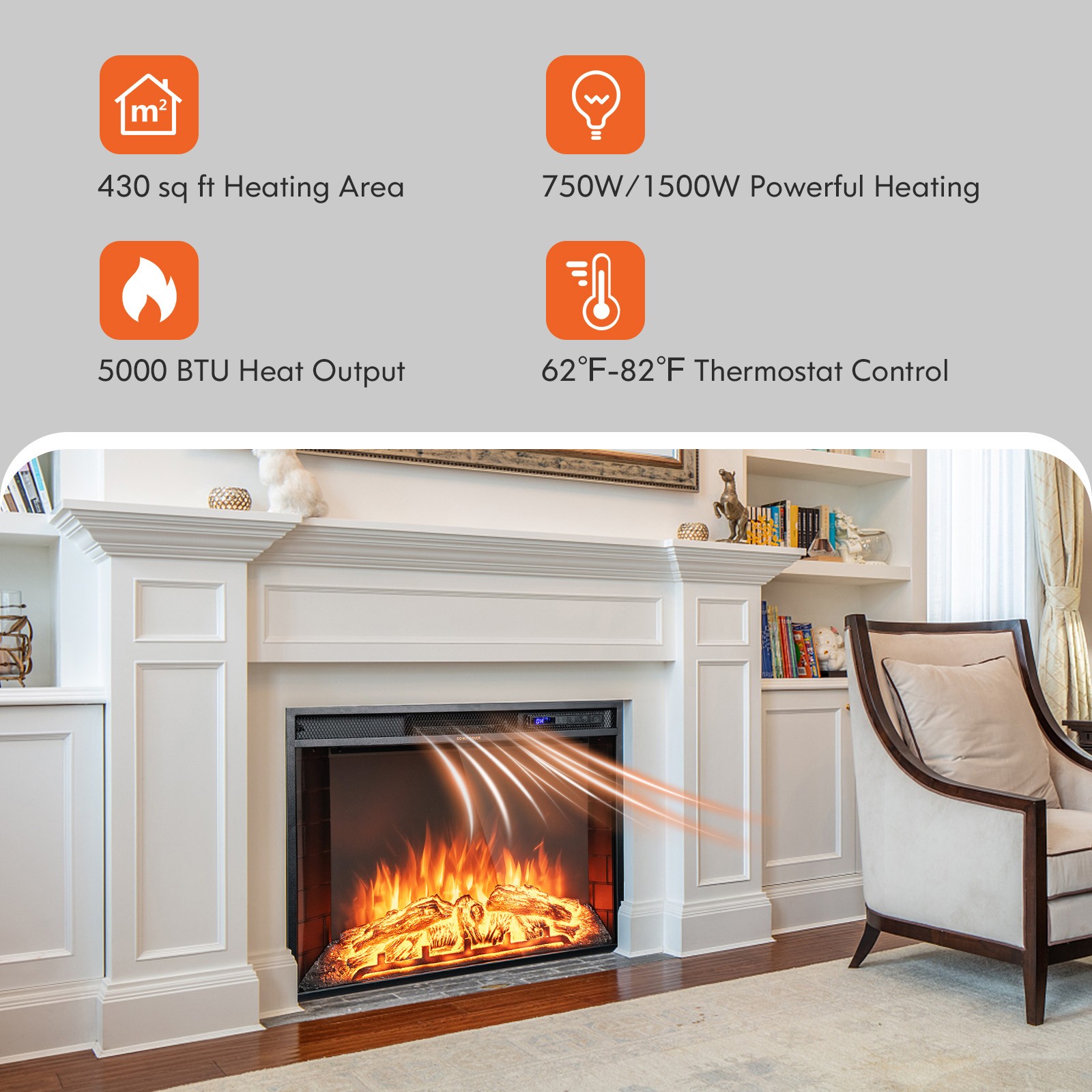 Costway 26" Recessed Electric Fireplace heater W/ Remote Control 750W/1500W