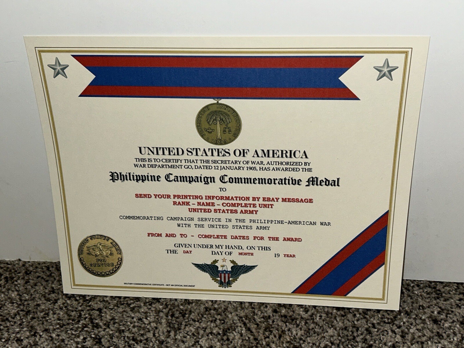 PHILIPPINE CAMPAIGN (ARMY) COMMEMORATIVE MEDAL CERTIFICATE ~ W/PRINTING TYPE-1