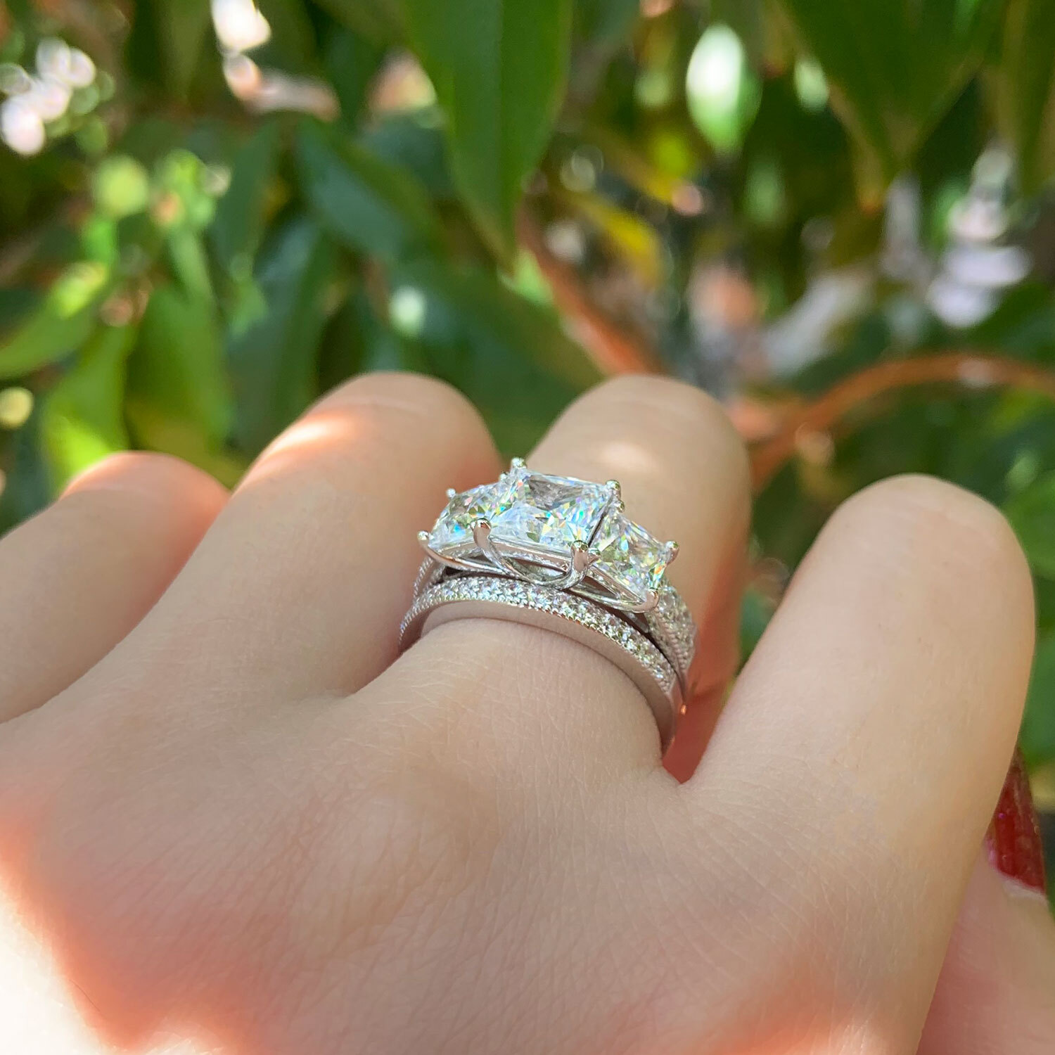 Estate 3 Stone Ring Set for Women Engagement Wedding Ring Set Sterling Silver CZ