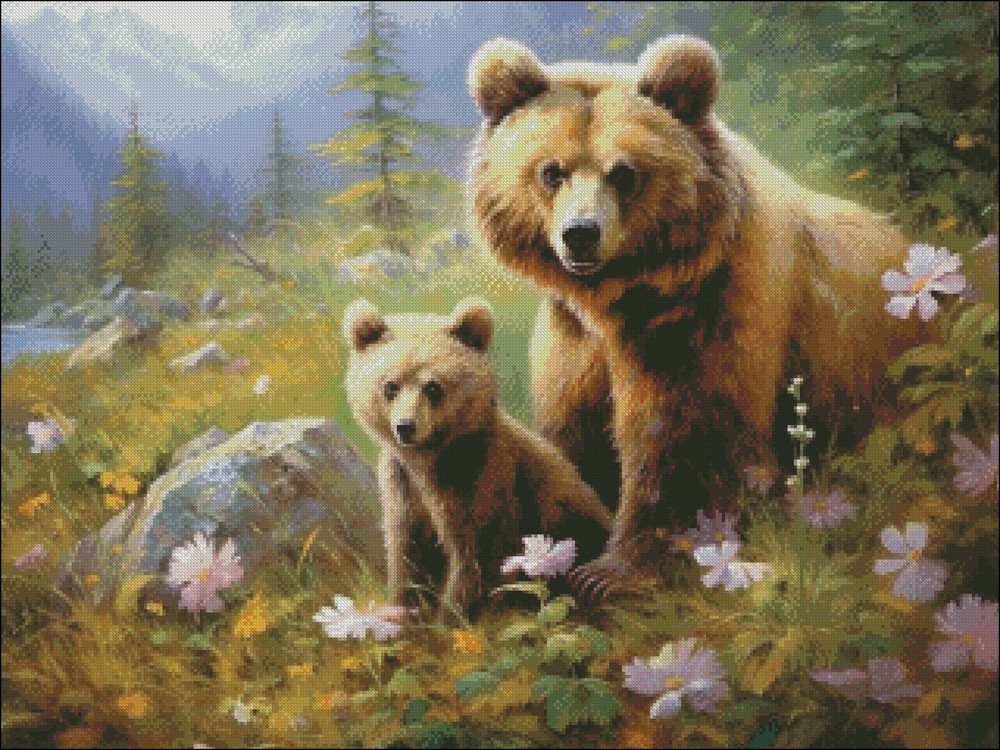 Brown Bear Mom and Cubs - DIY Chart Counted Cross Stitch Patterns Needlework DMC